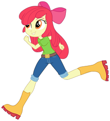 Size: 2034x2239 | Tagged: safe, artist:gmaplay, apple bloom, equestria girls, g4, apple bloom's bow, boots, bow, clothes, hair bow, high res, jeans, music in my ears, pants, running, shirt, shoes, simple background, solo, transparent background, vector