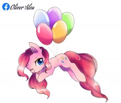 Size: 1816x1540 | Tagged: safe, artist:aleurajan, pinkie pie, earth pony, pony, g4, :p, balloon, cute, diapinkes, ear fluff, eyelashes, female, floating, flying, mare, one eye closed, simple background, solo, then watch her balloons lift her up to the sky, tongue out, white background, wink