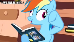 Size: 889x500 | Tagged: safe, edit, edited screencap, screencap, rainbow dash, pony, a friend in deed, g4, book, derp, golden oaks library, rainbow derp, sister sledge, solo, song reference, we are family