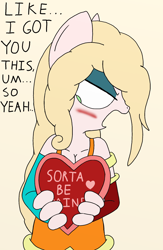 Size: 1336x2048 | Tagged: safe, artist:tenebrousmelancholy, oc, oc only, earth pony, anthro, 2021, blushing, candy, clothes, embarrassed, eyeshadow, female, food, holiday, looking away, makeup, simple background, solo, text, valentine's day