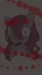 Size: 675x1200 | Tagged: safe, alternate version, artist:aleurajan, pinkie pie, earth pony, pony, g4, blood, bust, female, hair over one eye, knife, looking at you, mare, pinkamena diane pie, smiling, solo, yandere, yandere pie