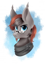 Size: 700x988 | Tagged: safe, artist:das_leben, oc, oc:times one, bat pony, bust, clothes, ear tufts, glasses, looking at you, male, portrait, scarf