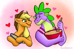 Size: 3334x2196 | Tagged: safe, artist:bella-pink-savage, applejack, spike, dragon, earth pony, pony, g4, apron, baking, batter, bowl, bust, clothes, cute, female, food, heart, high res, male, mare, mixing bowl, older, older spike, open mouth, ship:applespike, shipping, straight, wooden spoon