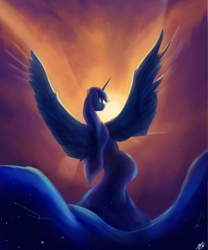 Size: 1800x2160 | Tagged: safe, artist:tenebrisnoctus, princess luna, alicorn, pony, g4, facing away, female, mare, solo, spread wings, wings