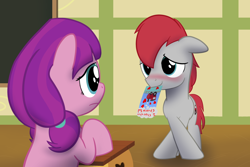 Size: 1500x1000 | Tagged: safe, artist:mightyshockwave, lily longsocks, train tracks (g4), earth pony, pony, g4, adorasocks, blushing, card, chalkboard, classroom, colt, crossed legs, cute, cutie mark, desk, female, filly, grass, heart, hearts and hooves day, locomotive, looking at each other, love, male, ponytail, puppy love, school, shipping, simpsons did it, sky, smoke, steam locomotive, straight, text, train, trainbetes, trainsocks