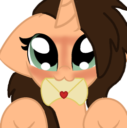 Size: 752x760 | Tagged: safe, artist:small-brooke1998, oc, oc:small brooke, pony, unicorn, :3, blushing, holiday, looking at you, mouth hold, underhoof, valentine's day