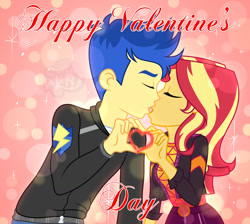 Size: 1280x1146 | Tagged: safe, artist:emperor-anri, flash sentry, sunset shimmer, equestria girls, g4, female, heart, heart hands, holiday, kissing, male, ship:flashimmer, shipping, straight, valentine's day