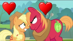 Size: 888x499 | Tagged: safe, edit, edited screencap, screencap, applejack, big macintosh, g4, pinkie apple pie, applecest, brother and sister, female, heart, imgflip, incest, male, ship:applemac, shipping, siblings, straight