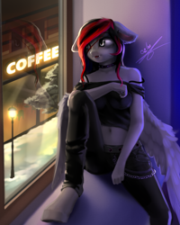 Size: 2000x2500 | Tagged: safe, artist:thatdreamerarts, oc, oc only, oc:burning shadow, pegasus, vampire, anthro, unguligrade anthro, belly button, bra, bra strap, chains, choker, clothes, coffee, female, floppy ears, high res, jeans, light post, looking out the window, multiple variants, night, off shoulder, pants, slit pupils, solo, underwear, window, wings