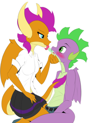 Size: 512x708 | Tagged: safe, artist:peppertech, smolder, spike, dragon, anthro, g4, blushing, close to kissing, clothes, compression shorts, dragoness, eye contact, feeding, female, gem, gem in mouth, looking at each other, male, miniskirt, no escape, older, older smolder, older spike, on top, pleated skirt, ship:spolder, shipping, shorts, simple background, skirt, spread wings, straight, tail, wings