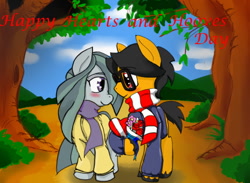 Size: 800x587 | Tagged: safe, artist:a.s.e, marble pie, oc, oc:a.s.e, earth pony, pony, g4, blushing, canon x oc, clothes, couple, duo, female, flower, heart, hearts and hooves day, holiday, male, scarf, shipping, smiling, special somepony, tree, valentine's day