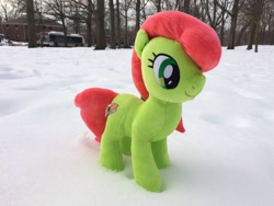 Size: 3264x2448 | Tagged: safe, artist:topsangtheman, peachy sweet, earth pony, pony, g4, apple family member, high res, irl, park, photo, plushie, snow, solo