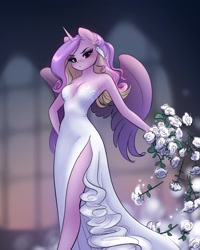 Size: 1638x2048 | Tagged: safe, artist:katputze, princess cadance, alicorn, anthro, a canterlot wedding, g4, absolute cleavage, armpits, beautiful, blushing, breasts, cleavage, clothes, dress, ear piercing, earring, female, horn, jewelry, piercing, reasonably sized breasts, side slit, solo, total sideslit, white rose, wings