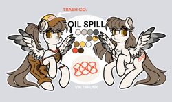 Size: 1700x1010 | Tagged: safe, artist:viktiipunk, oc, oc only, pegasus, pony, clothes, female, hat, mare, oil spill, overalls, ponytail, solo