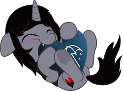 Size: 5000x3718 | Tagged: safe, artist:jhayarr23, pony, unicorn, blushing, commission, cute, disguise, disguised siren, eyes closed, fangs, happy, heart, horn, implied gay, implied shipping, kellin quinn, lying down, male, on back, pillow, simple background, sleeping with sirens, stallion, transparent background, underhoof, vector, ych result