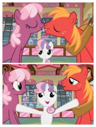 Size: 3106x4096 | Tagged: safe, screencap, big macintosh, cheerilee, sweetie belle, earth pony, pony, unicorn, g4, hearts and hooves day (episode), female, filly, foal, male, mare, shipping denied, stallion