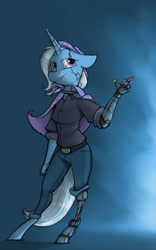 Size: 1024x1637 | Tagged: safe, artist:sinrar, trixie, unicorn, anthro, unguligrade anthro, g4, amputee, beanie, cape, clothes, cyberpunk, eyebrows, female, hat, jeans, looking at you, pants, prosthetic arm, prosthetic leg, prosthetic limb, prosthetics, scar, shadow, shirt, simple background, smiling, smiling at you, solo, trixie's cape