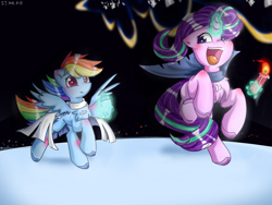 Size: 1080x810 | Tagged: safe, artist:starflashing twinkle, rainbow dash, starlight glimmer, pegasus, pony, unicorn, g4, backwards cutie mark, candle, cape, clothes, cute, fire, magic, sky:children of the light