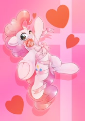 Size: 1430x2048 | Tagged: safe, artist:kurogewapony, pinkie pie, earth pony, pony, g4, blushing, female, hearts and hooves day, holiday, looking at you, mare, mouth hold, smiling, solo, underhoof, valentine's day