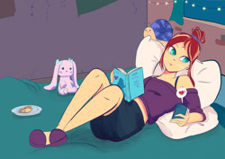 Size: 1024x724 | Tagged: dead source, safe, artist:pettypop, sunset shimmer, human, equestria girls, g4, bed, bedroom, book, cellphone, clothes, female, food, hair bun, hairy legs, lying down, on back, on bed, phone, pillow, pizza, plushie, reading, relaxing, scrunchie, shirt, shorts, shoulderless, slippers, solo, sunset's apartment