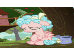 Size: 320x240 | Tagged: safe, edit, edited screencap, screencap, cozy glow, pegasus, pony, g4, marks for effort, animated, apple, apple tree, bags, balcony, bawling, bow, bush, cropped, crying, curly mane, dirt, female, filly, flower, food, freckles, gif, grass, poor thing, sad, small wings, sobbing, solo, stairs, teary eyes, tree, treehouse, wings, wrong aspect ratio