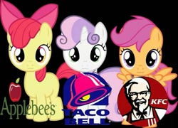 Size: 960x690 | Tagged: safe, apple bloom, scootaloo, sweetie belle, earth pony, pegasus, pony, unicorn, g4, applebee's, black background, cutie mark crusaders, exploitable meme, fast food, female, filly, foal, food, kfc, meme, pun, scootachicken, simple background, taco, taco bell, taco belle, trio