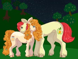 Size: 1024x768 | Tagged: safe, artist:rainydayjitters, bright mac, pear butter, earth pony, pony, g4, apple, apple tree, female, male, night, pear tree, ship:brightbutter, shipping, stars, straight, tree