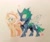 Size: 1685x1417 | Tagged: safe, artist:longfeather, derpibooru exclusive, oc, oc only, oc:accurate balance, oc:utopia, changeling, pony, unicorn, accopia, green changeling, horn, looking at each other