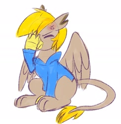 Size: 1866x1911 | Tagged: safe, artist:lbrcloud, oc, oc only, oc:pad, griffon, angry, clothes, colored sketch, cross-popping veins, facepalm, griffon oc, hoodie, solo