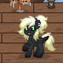 Size: 1280x1280 | Tagged: safe, oc, oc only, oc:veen sundown, pegasus, pony, pony town, animated, boat, dancing, derp, female, ievan polkka, mare, pixel art, sign, solo, sundown clan, tongue out, water, webm