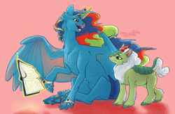 Size: 2048x1347 | Tagged: safe, artist:jayrockin, oc, oc only, alicorn, kirin, pony, tiny sapient ungulates, alicorn oc, book, bracelet, butt fluff, chest fluff, curved horn, cute, ear fluff, fangs, fluffy, freckles, hoof fluff, horn, jewelry, leg fluff, levitation, looking back, magic, ocbetes, open mouth, pink background, realistic, ring, simple background, sitting, smiling, spread wings, telekinesis, tiara, wings