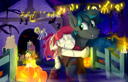 Size: 1280x818 | Tagged: safe, artist:rutkotka, daisy, flower wishes, lily, lily valley, roseluck, oc, oc:spark gap, bat pony, earth pony, pony, fanfic:fine print, g4, bone, candle, canon x oc, clothes, costume, fence, flower trio, halloween, holiday, jack-o-lantern, nightmare night, pumpkin, sally skellington, skeleton, the horror, the nightmare before christmas