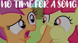 Size: 1920x1080 | Tagged: safe, edit, edited screencap, editor:quoterific, screencap, apple bloom, scootaloo, earth pony, pegasus, pony, g4, season 4, somepony to watch over me, bow, close-up, duo, duo female, female, hoof over mouth, no time for a song, open mouth
