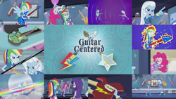 Size: 1978x1113 | Tagged: safe, edit, edited screencap, editor:quoterific, screencap, pinkie pie, rainbow dash, rarity, trixie, equestria girls, g4, guitar centered, angry, broken, duo, duo female, electric guitar, eyes closed, female, glowing eyes, guitar, musical instrument, open mouth, pointing, ponied up, sonic rainboom, teeth, trio, trio female