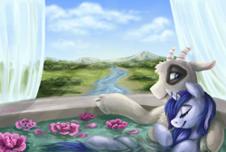 Size: 3232x2171 | Tagged: safe, artist:elisdoominika, oc, oc:muffinkarton, goat, pony, unicorn, bathing, chillaxing, cloud, cuddling, curtains, eyes closed, flower, goat oc, high res, looking at each other, relaxing, river, rose, scenery, sky, smiling, snuggling, water