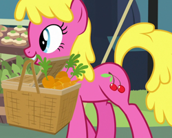 Size: 1640x1315 | Tagged: safe, screencap, cherry berry, earth pony, pony, g4, she talks to angel, background pony, basket, carrot, cropped, female, food, mare, mouth hold, solo, walking, wrong eye color