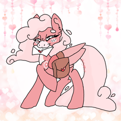 Size: 768x768 | Tagged: safe, artist:hollymiap, oc, oc only, oc:resseberry cream, pegasus, pony, bag, blushing, card, cute, hearts and hooves day, holiday, markings, ocbetes, raised hoof, smiling, solo, valentine's day, wings