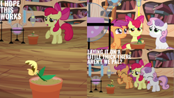 Size: 2000x1125 | Tagged: safe, edit, edited screencap, editor:quoterific, screencap, apple bloom, scootaloo, sweetie belle, earth pony, pegasus, pony, unicorn, g4, season 4, twilight time, bow, cutie mark crusaders, eyes closed, female, golden oaks library, open mouth, plant, teeth, trio, trio female