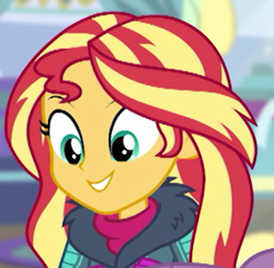 Size: 307x301 | Tagged: safe, screencap, sunset shimmer, equestria girls, equestria girls series, g4, holidays unwrapped, winter break-in, spoiler:eqg series (season 2), cropped, female, smiling, solo focus