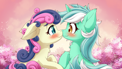 Size: 3550x2000 | Tagged: safe, artist:symbianl, bon bon, lyra heartstrings, sweetie drops, earth pony, pony, unicorn, g4, adorabon, blushing, chest fluff, cute, duo, female, floppy ears, high res, imminent kissing, lesbian, looking at each other, looking at someone, lyrabetes, mare, remake, ship:lyrabon, shipping, smiling