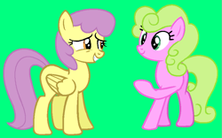 Size: 853x532 | Tagged: safe, artist:katliynrusshia, artist:maddieadopts, daisy, flower wishes, parasol, earth pony, pegasus, pony, g4, adaisable, background pony, base used, blank flank, buddies, cute, daisol, duo, duo female, female, folded wings, friends, green background, grin, lesbian, mare, narrowed eyes, paracute, shipping, showers (character), simple background, smiling, wings
