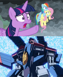 Size: 2254x2729 | Tagged: safe, edit, edited screencap, screencap, fluttershy, rainbow dash, twilight sparkle, alicorn, pegasus, pony, g4, season 9, the ending of the end, angry, comparison, female, high res, male, open mouth, shrunken pupils, starscream, transformers, transformers armada, twilight sparkle (alicorn)