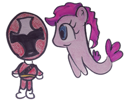 Size: 529x472 | Tagged: safe, artist:dex stewart, pinkie pie, earth pony, human, pony, seapony (g4), g4, brody, power rangers, power rangers ninja steel, red ranger, seaponified, seapony pinkie pie, shuriken sentai ninninger, simple background, species swap, strong bad, strongbad, traditional art