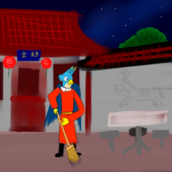 Size: 800x800 | Tagged: safe, artist:horsesplease, gallus, griffon, anthro, g4, chinese, chinese new year, clothes, night, rabydosverse, robes, siangwaan, solo, stars, sweeping, temple, tree