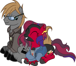 Size: 1265x1090 | Tagged: safe, artist:theeditormlp, oc, oc:crimson glow, oc:the editor, earth pony, pony, clothes, female, glasses, jacket, lying down, male, mare, prone, shirt, simple background, stallion, transparent background