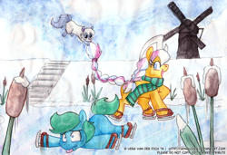 Size: 1200x819 | Tagged: safe, artist:genolover, oc, oc:ember, oc:ember (hwcon), oc:glace (hwcon), hearth's warming con, ice skating, netherlands, tulip, windmill