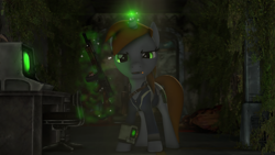 Size: 4000x2250 | Tagged: safe, artist:redaceofspades, oc, oc only, oc:littlepip, pony, unicorn, fallout equestria, 3d, cigarette, clothes, female, glowing horn, gun, horn, jumpsuit, looking at you, mare, mouth hold, rifle, solo, source filmmaker, terminal, vault, vault suit, weapon