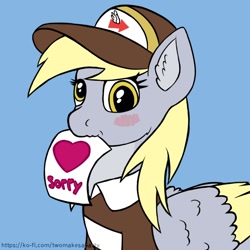Size: 1000x1000 | Tagged: safe, artist:redquoz, derpy hooves, pegasus, pony, g4, alternate design, baseball cap, blue background, blushing, cap, clothes, derp, ear fluff, female, hat, heart, hearts and hooves day, holiday, looking at you, mailmare, mare, mouth hold, nom, shirt, simple background, solo, text, two toned wings, uniform, url, valentine's day, wings, yellow mane
