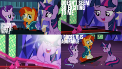 Size: 1986x1117 | Tagged: safe, edit, edited screencap, editor:quoterific, screencap, starlight glimmer, sunburst, twilight sparkle, alicorn, pony, unicorn, g4, season 7, uncommon bond, blushing, board game, dice, dragon pit, eyes closed, female, glasses, glowing horn, gritted teeth, horn, magic, magic aura, male, mare, multiple characters, open mouth, sitting, stallion, teeth, trio, twilight sparkle (alicorn), twilight's castle