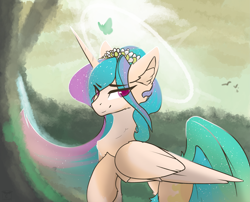 Size: 4523x3650 | Tagged: safe, artist:therealf1rebird, princess celestia, alicorn, butterfly, pony, g4, chest fluff, eye clipping through hair, female, flower, flower in hair, forest, horn, looking back, mare, raised hoof, solo, wings